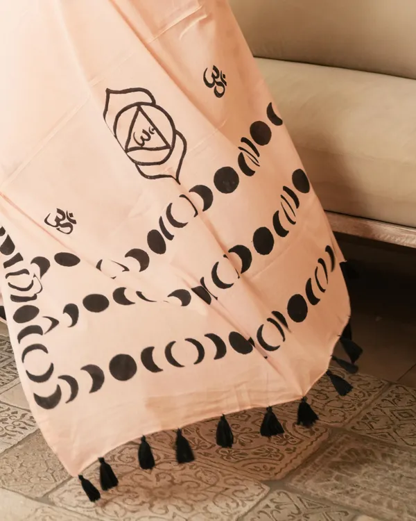 Peach_Cotton_Crescent_Om_H_Block_Print_Mul_Saree_With_Tassels_For_Women